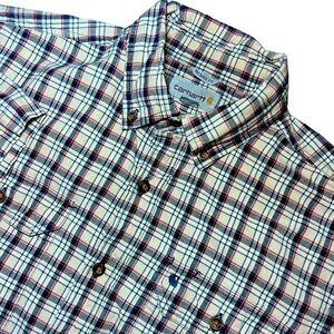 Carhartt tan/blk/red plaid short Sleeve men’s button-up 2front pocket‎ M shirt